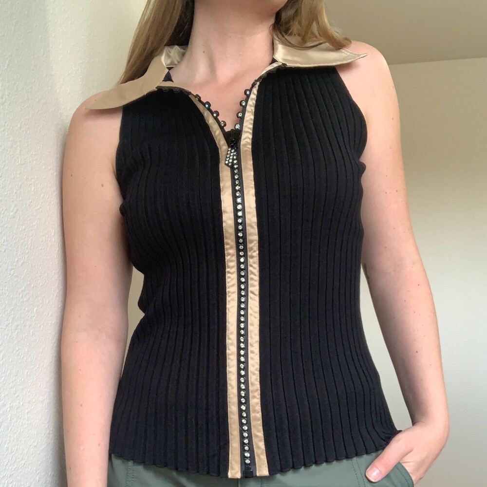 Y2K Stretch Zip Up Studded Collared Sleeveless Sweater Shirt Size M/L